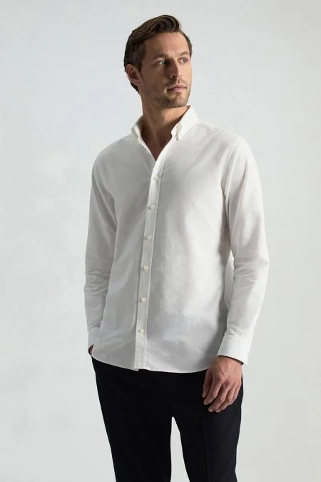 Saf Pamuk Düğmeli Beyaz Oxford Gömlek