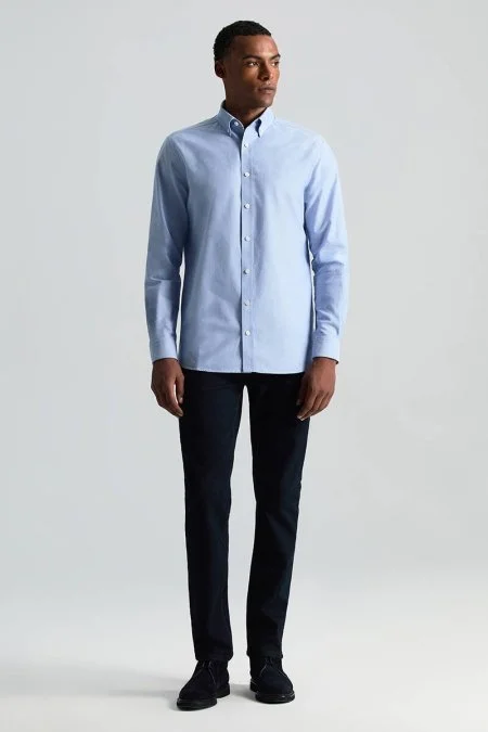 Saf Pamuk Düğmeli Orta Mavi Oxford Gömlek