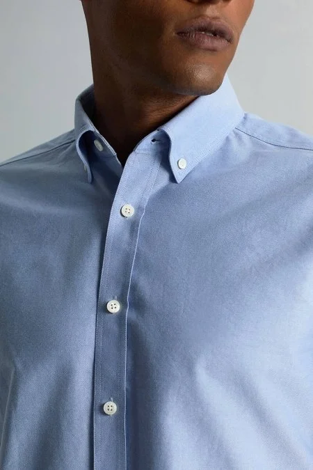 Saf Pamuk Düğmeli Orta Mavi Oxford Gömlek