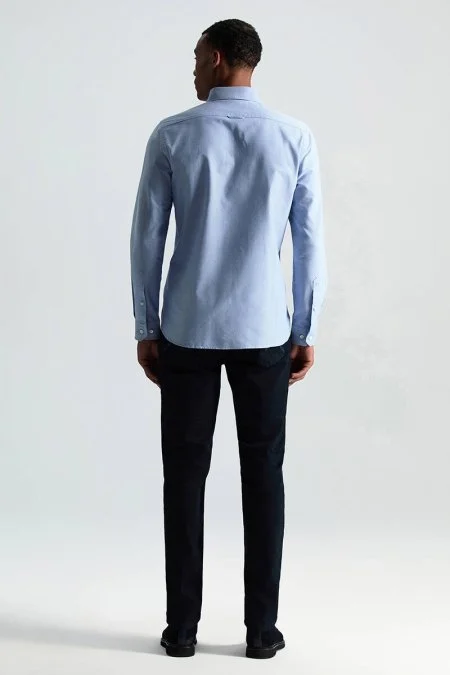 Saf Pamuk Düğmeli Orta Mavi Oxford Gömlek