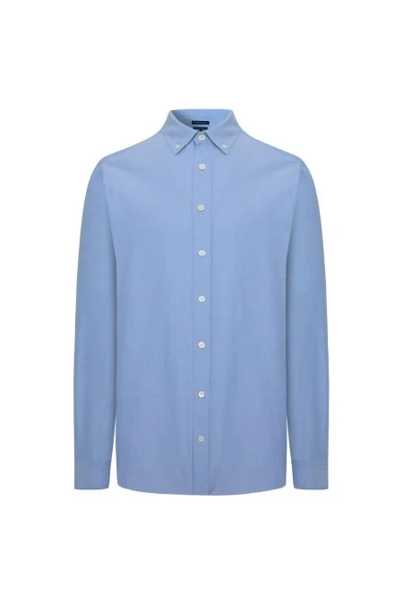 Saf Pamuk Düğmeli Orta Mavi Oxford Gömlek