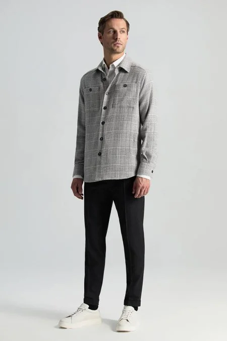 Saf Pamuk Ekose Desenli Gri Ceket Gömlek