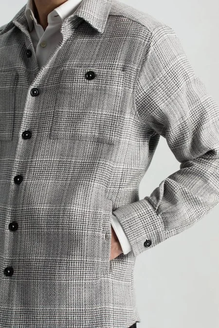 Saf Pamuk Ekose Desenli Gri Ceket Gömlek
