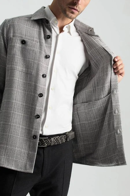 Saf Pamuk Ekose Desenli Gri Ceket Gömlek