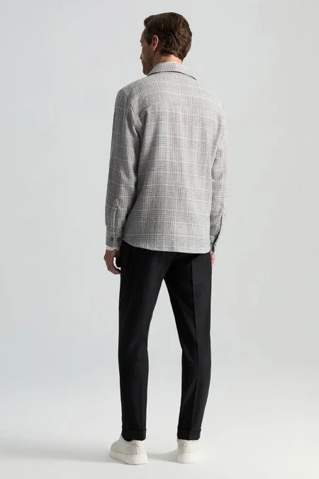 Saf Pamuk Ekose Desenli Gri Ceket Gömlek