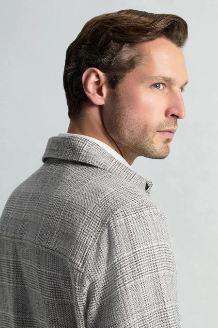 Saf Pamuk Ekose Desenli Gri Ceket Gömlek