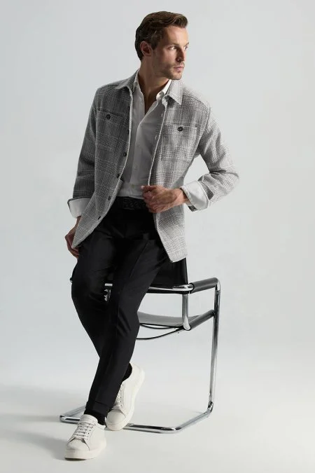 Saf Pamuk Ekose Desenli Gri Ceket Gömlek