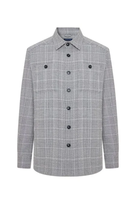 Saf Pamuk Ekose Desenli Gri Ceket Gömlek