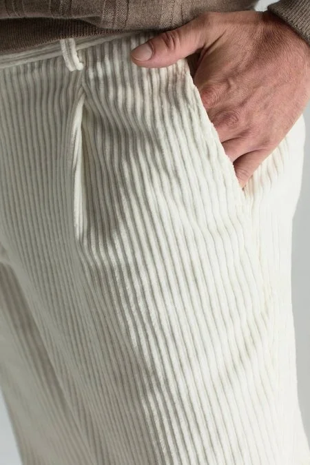 Saf Pamuk Ekru Relax Kadife Pantolon