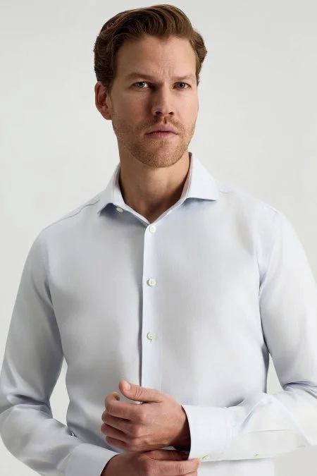 Saf Pamuk İtalyan Yaka Açık Mavi Business Gömlek