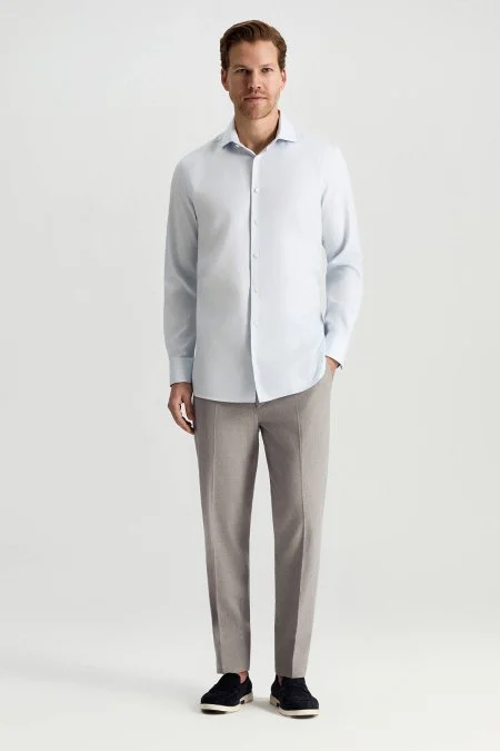 Saf Pamuk İtalyan Yaka Açık Mavi Business Gömlek