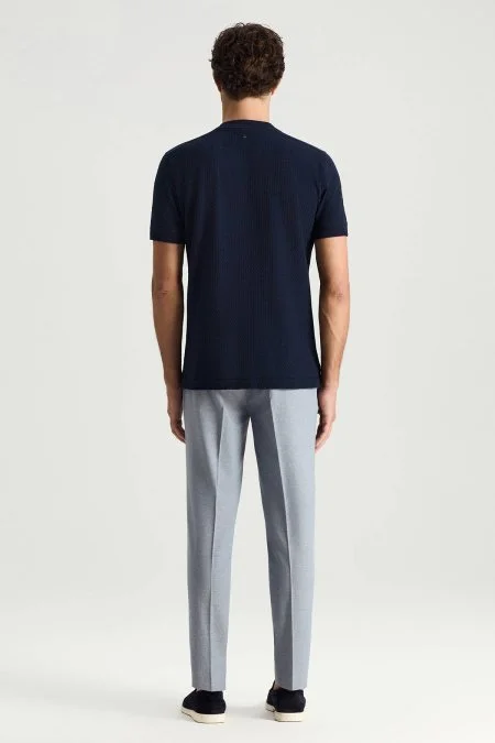 Saf Pamuk Jakar Desenli Bisiklet Yaka Lacivert T-Shirt