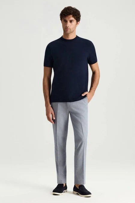 Saf Pamuk Jakar Desenli Bisiklet Yaka Lacivert T-Shirt