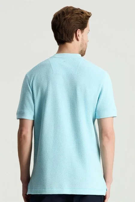 Saf Pamuk Jakar Desenli Bisiklet Yaka Mavi T-Shirt