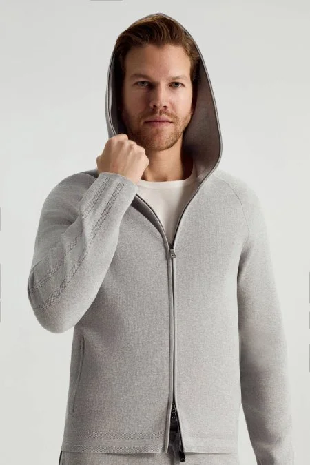 Saf Pamuk Kapüşonlu Slim Fit Açık Gri Hırka