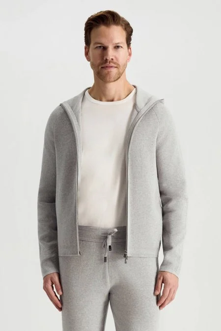 Saf Pamuk Kapüşonlu Slim Fit Açık Gri Hırka