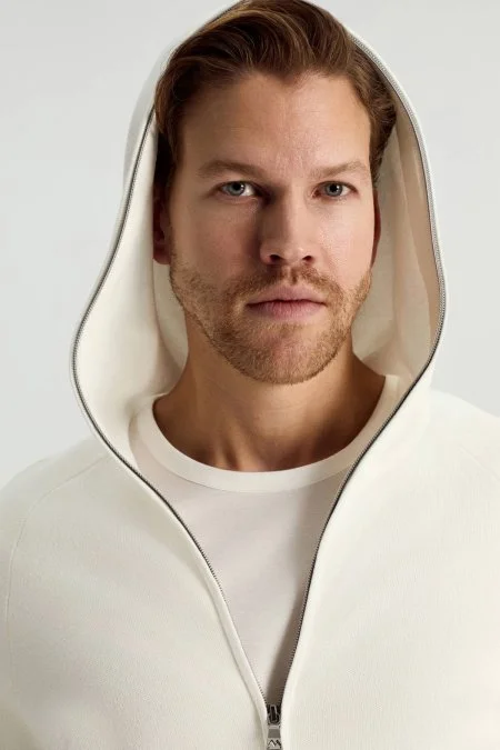 Saf Pamuk Kapüşonlu Slim Fit Beyaz Hırka