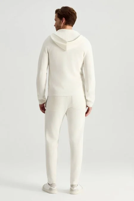 Saf Pamuk Kapüşonlu Slim Fit Beyaz Hırka