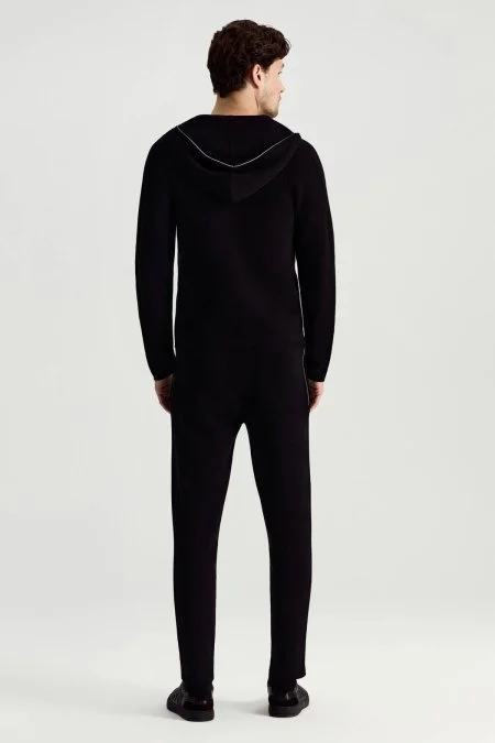 Saf Pamuk Kapüşonlu Slim Fit Siyah Hırka