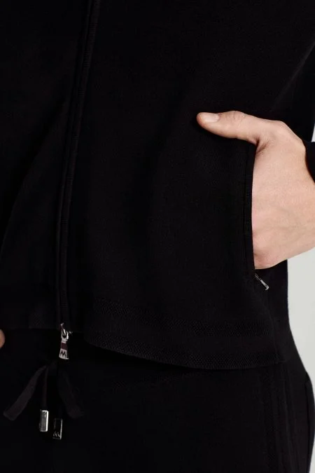 Saf Pamuk Kapüşonlu Slim Fit Siyah Hırka