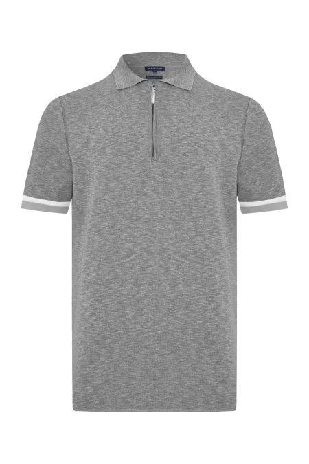 Saf Pamuk Kolları Şerit Detayı Açık Gri Triko Polo