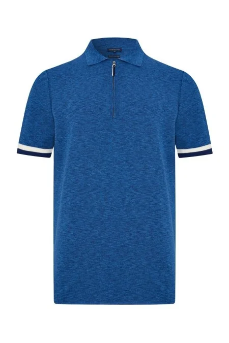 Saf Pamuk Kolları Şerit Detayı Koyu Mavi Triko Polo