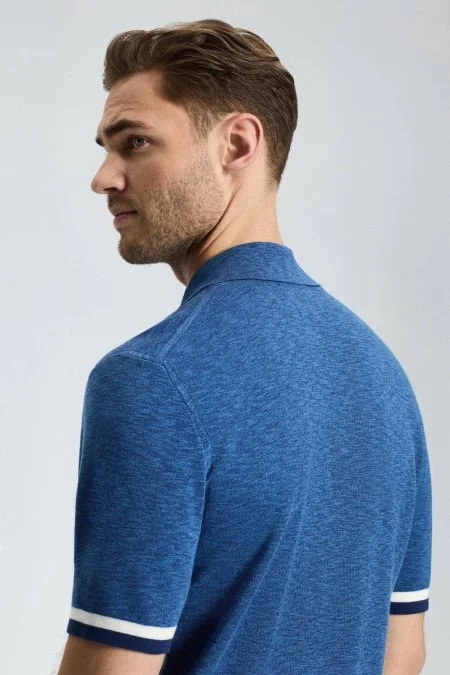 Saf Pamuk Kolları Şerit Detayı Koyu Mavi Triko Polo