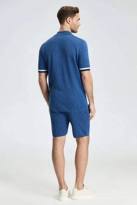 Saf Pamuk Kolları Şerit Detayı Koyu Mavi Triko Polo