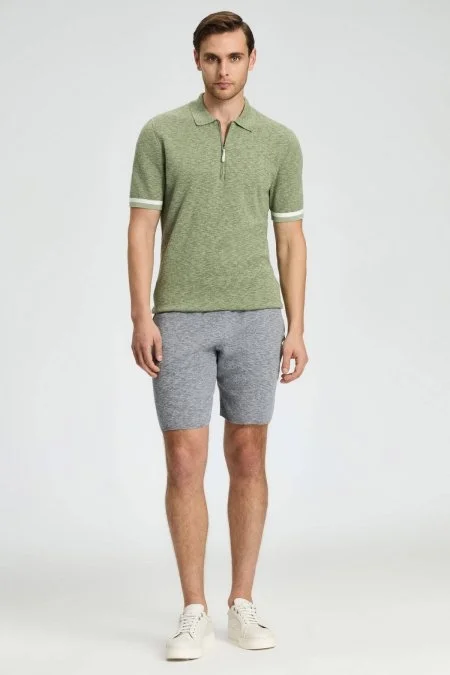 Saf Pamuk Kolları Şerit Detayı Koyu Yeşil Triko Polo