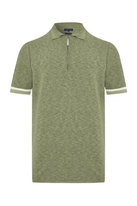 Saf Pamuk Kolları Şerit Detayı Koyu Yeşil Triko Polo