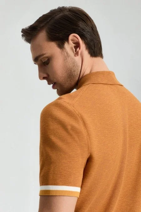 Saf Pamuk Kolları Şerit Detayı Turuncu Triko Polo