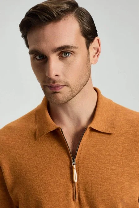 Saf Pamuk Kolları Şerit Detayı Turuncu Triko Polo