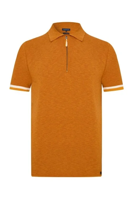Saf Pamuk Kolları Şerit Detayı Turuncu Triko Polo