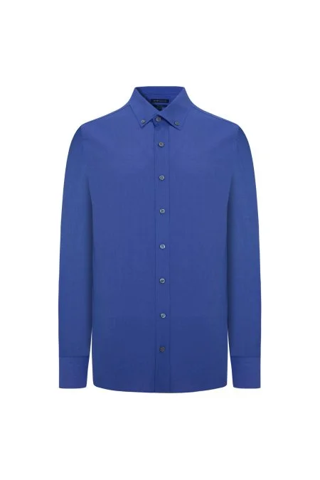Saf Pamuk Düğmeli Koyu Mavi Oxford Gömlek