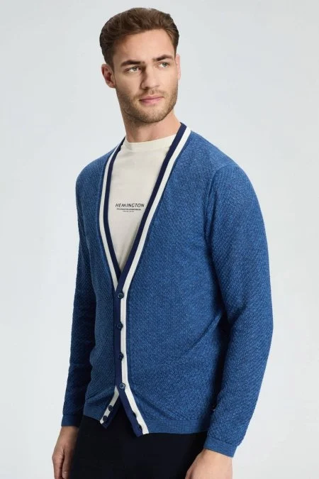 Saf Pamuk Koyu Mavi Triko Hırka