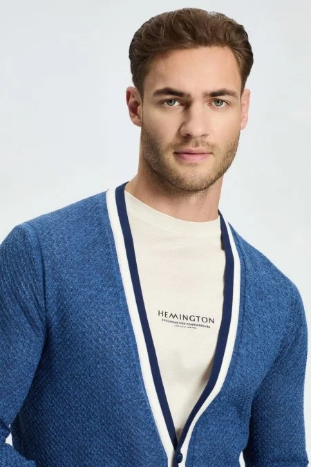 Saf Pamuk Koyu Mavi Triko Hırka