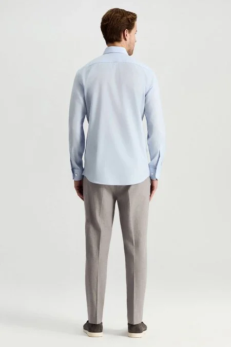 Saf Pamuk Kuş Gözü Dokulu Non-Iron Gizli Düğme Açık Mavi Gömlek