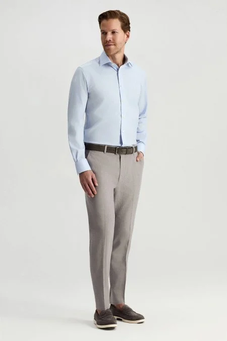 Saf Pamuk Kuş Gözü Dokulu Non-Iron Gizli Düğme Açık Mavi Gömlek