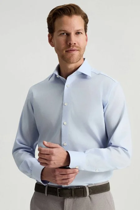 Saf Pamuk Kuş Gözü Dokulu Non-Iron Gizli Düğme Açık Mavi Gömlek