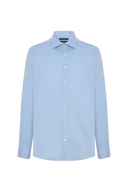 Saf Pamuk Kuş Gözü Dokulu Non-Iron Gizli Düğme Açık Mavi Gömlek