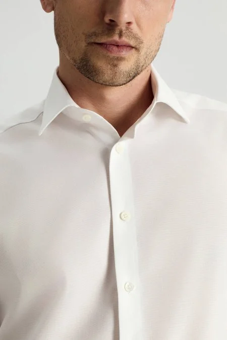 Saf Pamuk Kuş Gözü Dokulu Non-Iron Gizli Düğme Beyaz Gömlek