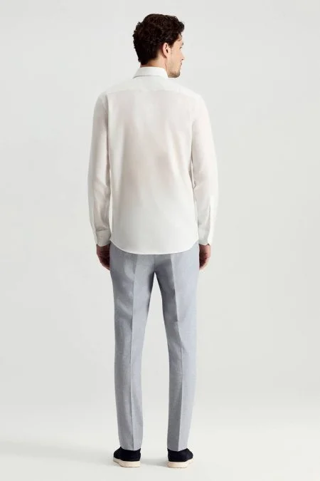 Saf Pamuk Kuş Gözü Dokulu Non-Iron Gizli Düğme Beyaz Gömlek