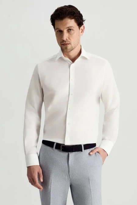 Saf Pamuk Kuş Gözü Dokulu Non-Iron Gizli Düğme Beyaz Gömlek