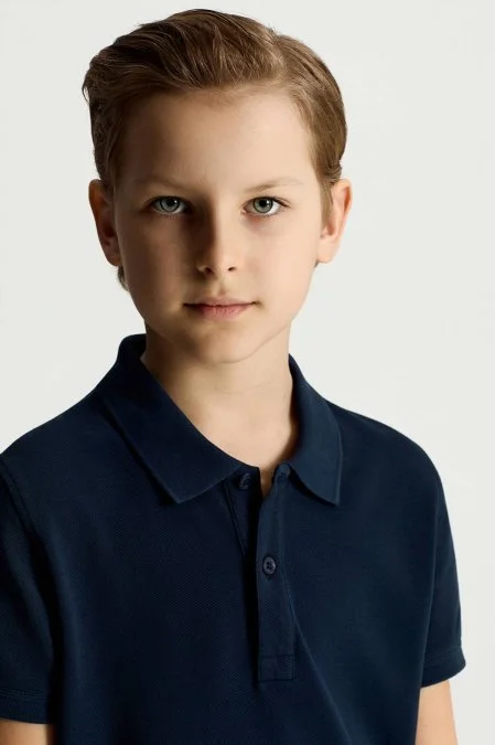 Saf Pamuk Lacivert Polo Yaka Çocuk T-Shirt