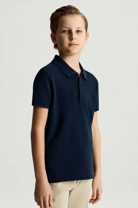 Saf Pamuk Lacivert Polo Yaka Çocuk T-Shirt