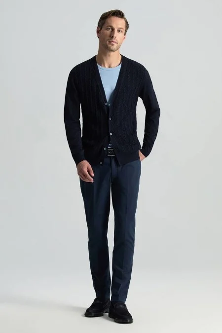 Saf Pamuk Lacivert Regular Fit Chino Pantolon