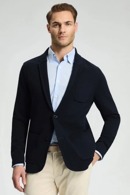 Saf Pamuk Lacivert Triko Ceket