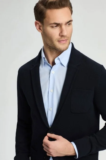 Saf Pamuk Lacivert Triko Ceket