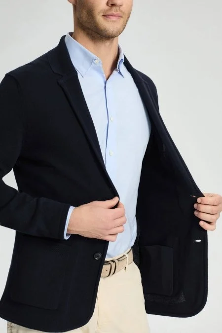 Saf Pamuk Lacivert Triko Ceket