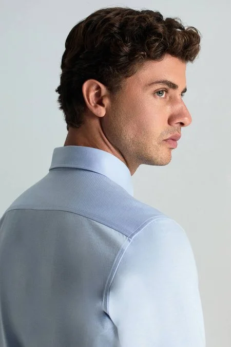 Gizli Düğme Pamuk Mavi Gömlek